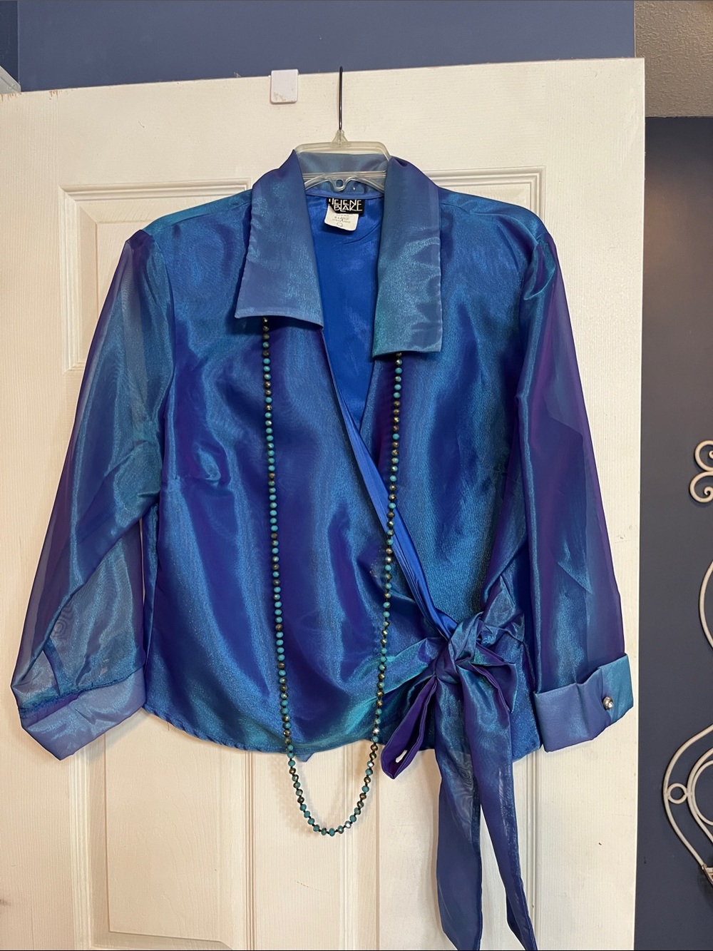 Iridescent lovely -Blue Wrap Blouse with floppy Side Tie. Extra large